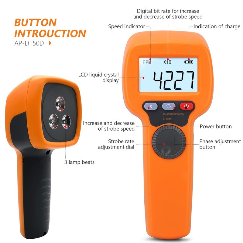 AOPUTTRIVER Digital Handheld Stroboscope,Strobe Light Tachometer 60-49999 RPM Highly Accurate 0.001% Rechargeable LED Flash Stroboscopic Tachometer for HVAC Motor Engine Speed Tester Spectrum Analyzer - Image 2
